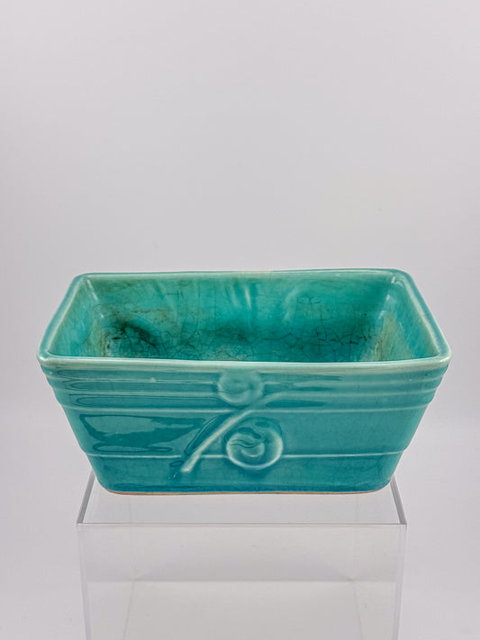 Vintage 1940s–50s Aqua Crackle Glaze Rectangular Ceramic Planter with Raised Scroll Design, Unmarked USA Art Pottery