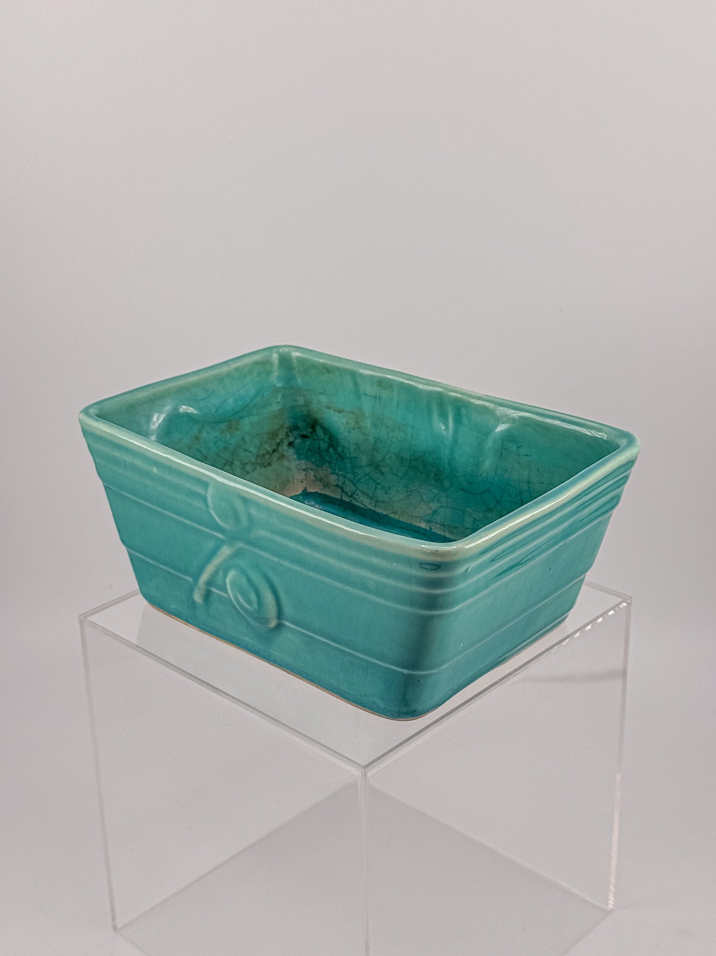 Vintage 1940s–50s Aqua Crackle Glaze Rectangular Ceramic Planter with Raised Scroll Design, Unmarked USA Art Pottery