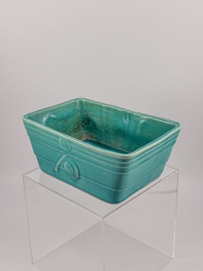 Vintage 1940s–50s Aqua Crackle Glaze Rectangular Ceramic Planter with Raised Scroll Design, Unmarked USA Art Pottery
