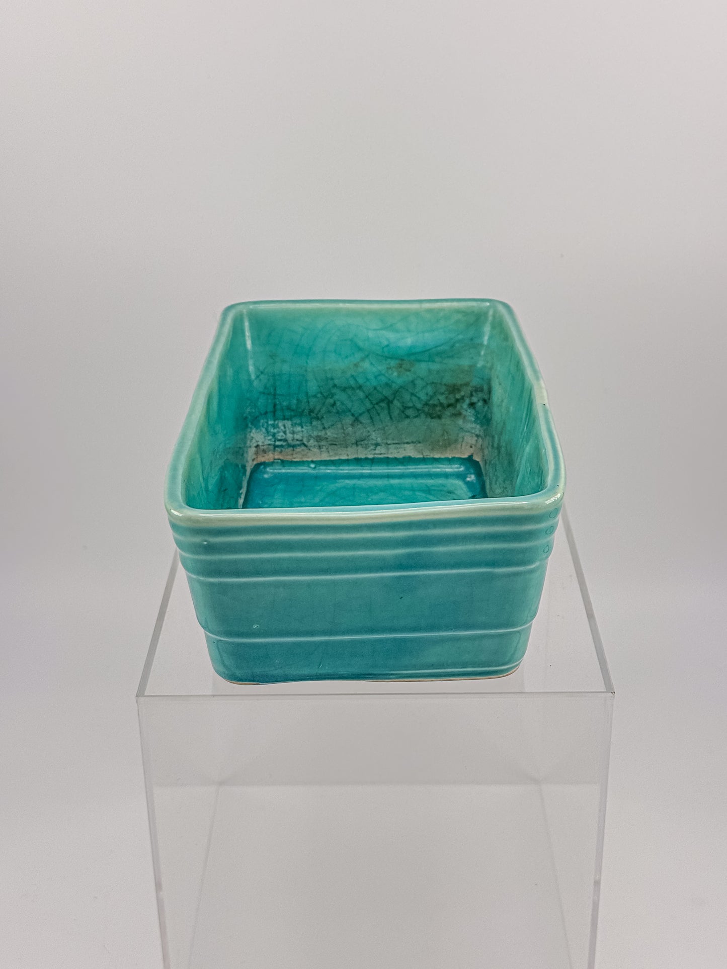 Vintage 1940s–50s Aqua Crackle Glaze Rectangular Ceramic Planter with Raised Scroll Design, Unmarked USA Art Pottery