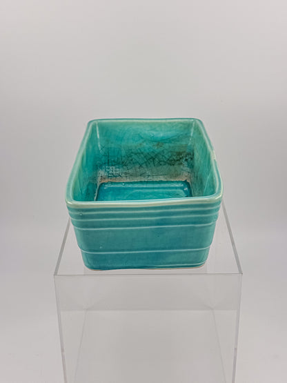 Vintage 1940s–50s Aqua Crackle Glaze Rectangular Ceramic Planter with Raised Scroll Design, Unmarked USA Art Pottery