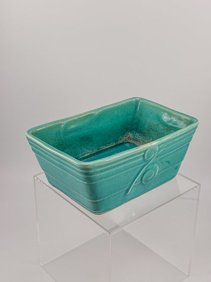 Vintage 1940s–50s Aqua Crackle Glaze Rectangular Ceramic Planter with Raised Scroll Design, Unmarked USA Art Pottery