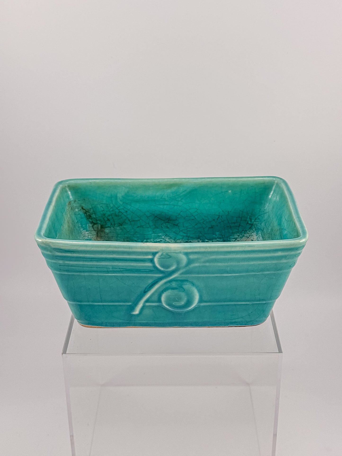 Vintage 1940s–50s Aqua Crackle Glaze Rectangular Ceramic Planter with Raised Scroll Design, Unmarked USA Art Pottery