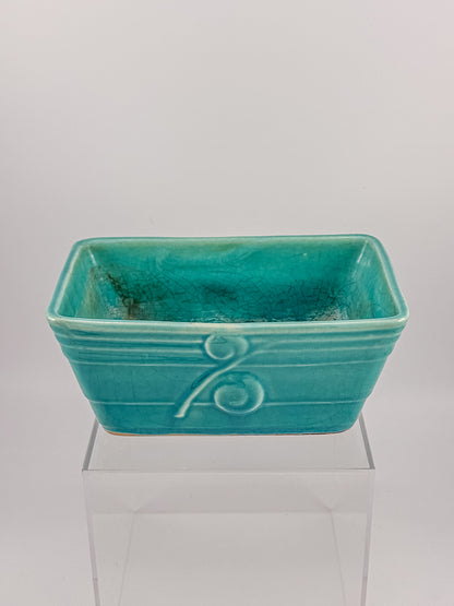 Vintage 1940s–50s Aqua Crackle Glaze Rectangular Ceramic Planter with Raised Scroll Design, Unmarked USA Art Pottery