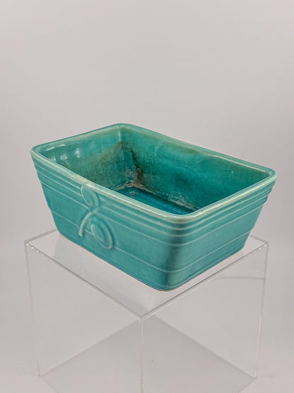 Vintage 1940s–50s Aqua Crackle Glaze Rectangular Ceramic Planter with Raised Scroll Design, Unmarked USA Art Pottery