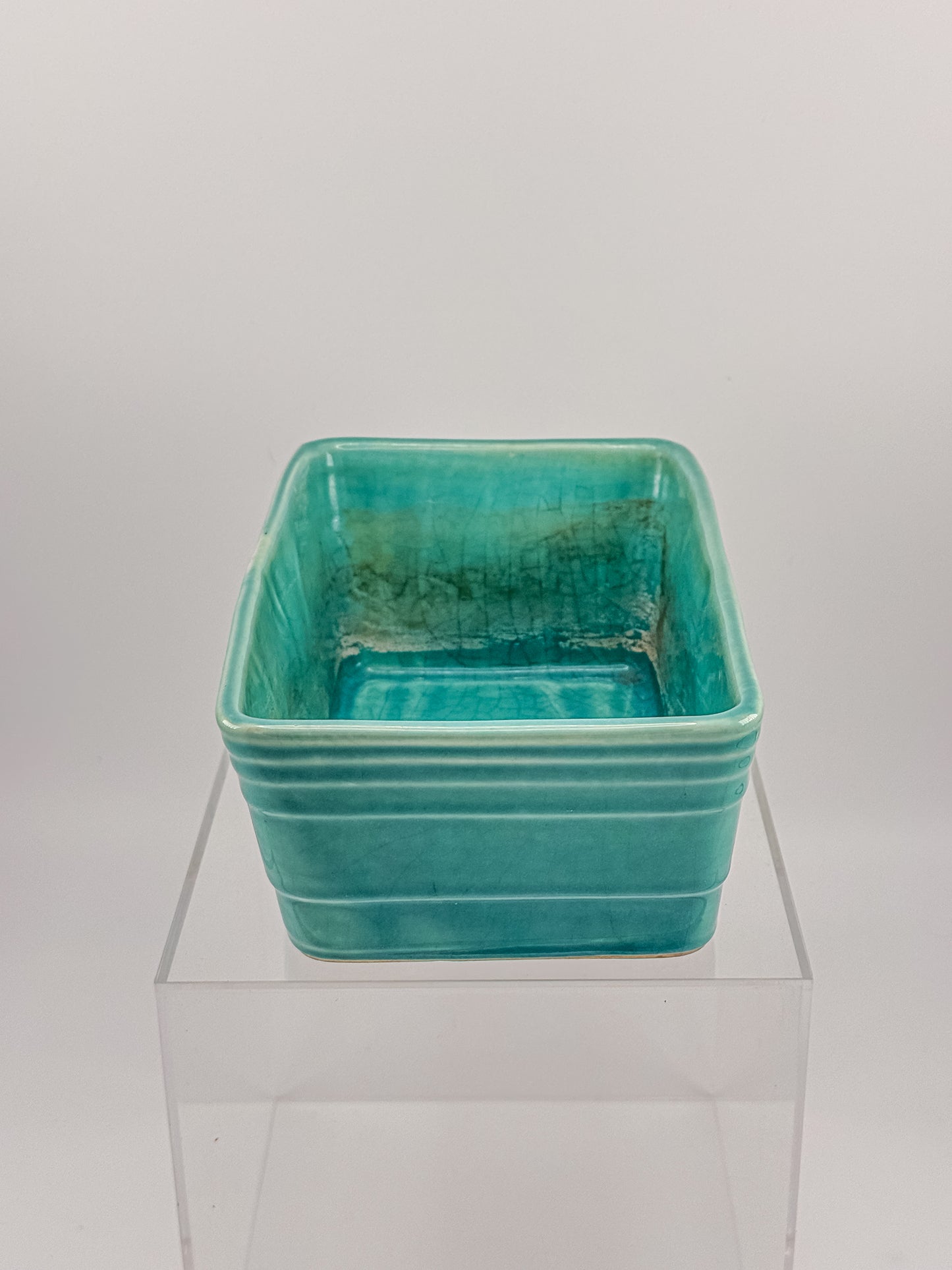 Vintage 1940s–50s Aqua Crackle Glaze Rectangular Ceramic Planter with Raised Scroll Design, Unmarked USA Art Pottery