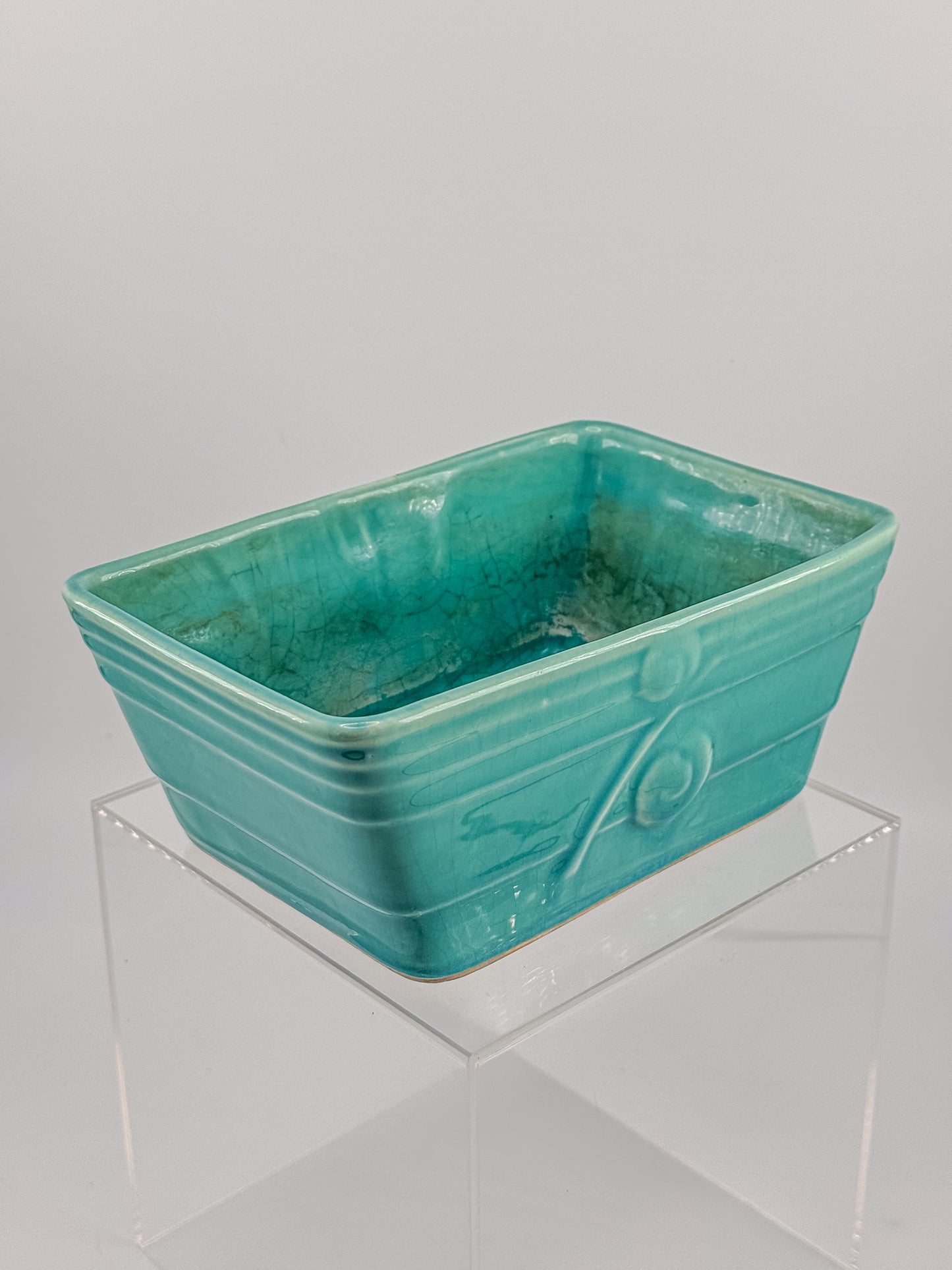 Vintage 1940s–50s Aqua Crackle Glaze Rectangular Ceramic Planter with Raised Scroll Design, Unmarked USA Art Pottery