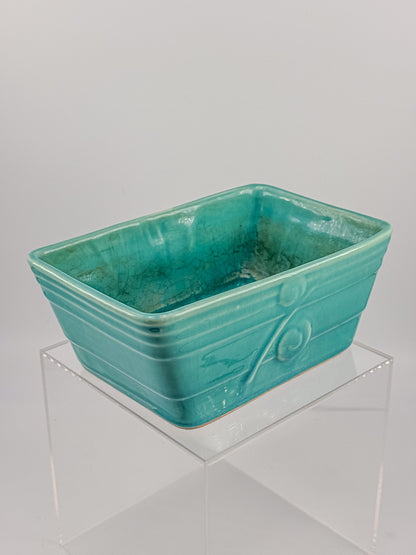 Vintage 1940s–50s Aqua Crackle Glaze Rectangular Ceramic Planter with Raised Scroll Design, Unmarked USA Art Pottery