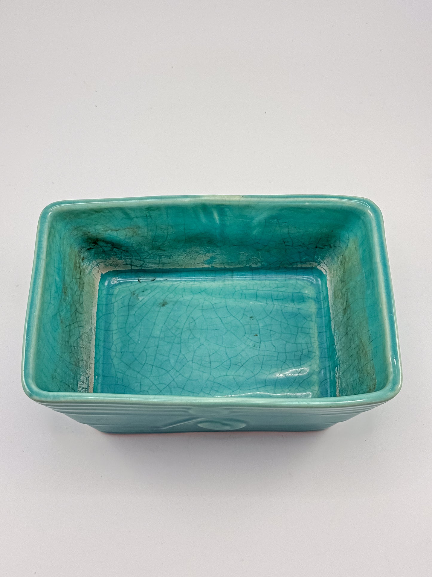 Vintage 1940s–50s Aqua Crackle Glaze Rectangular Ceramic Planter with Raised Scroll Design, Unmarked USA Art Pottery