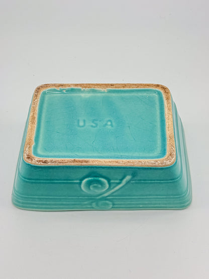 Vintage 1940s–50s Aqua Crackle Glaze Rectangular Ceramic Planter with Raised Scroll Design, Unmarked USA Art Pottery