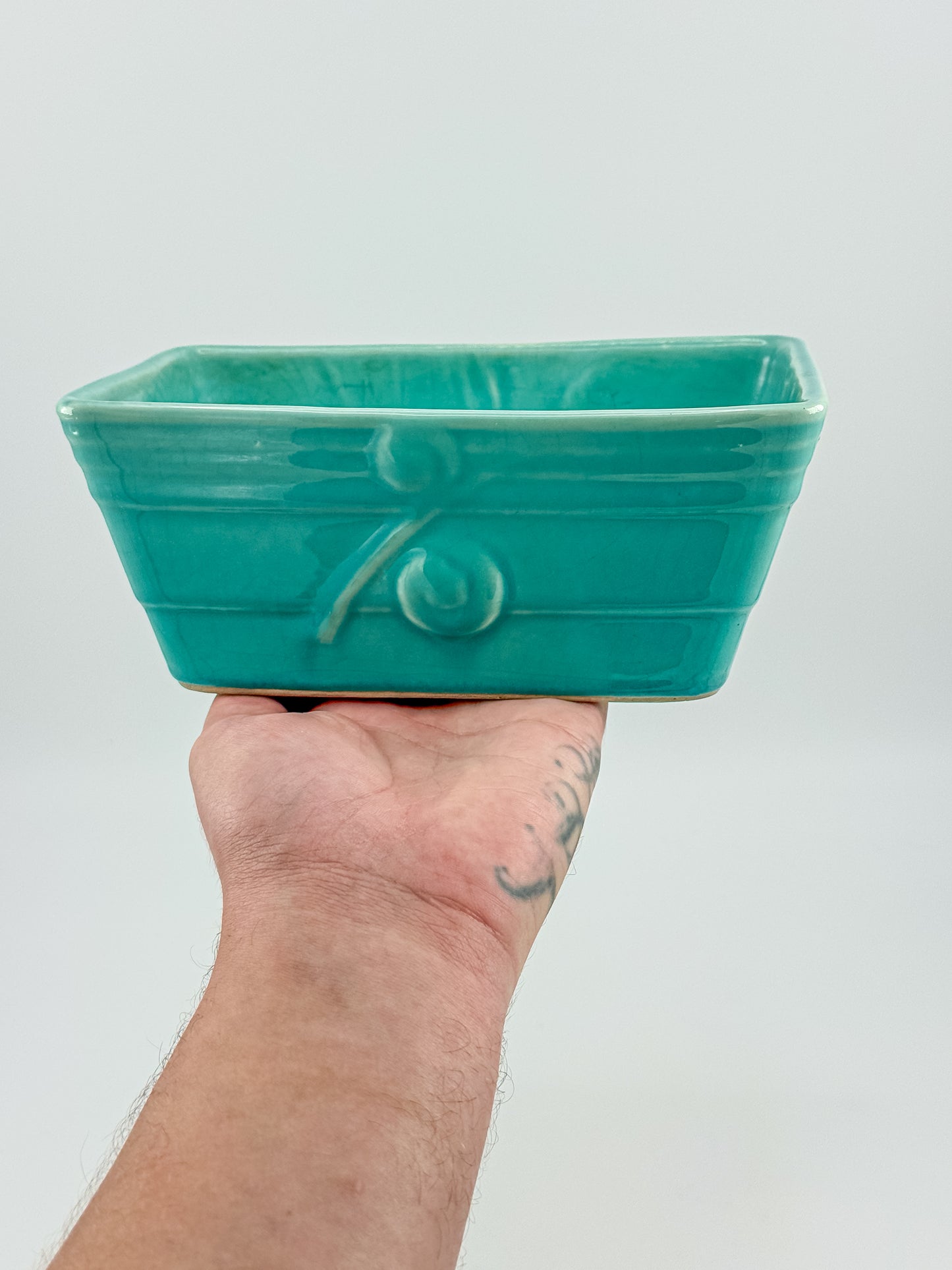Vintage 1940s–50s Aqua Crackle Glaze Rectangular Ceramic Planter with Raised Scroll Design, Unmarked USA Art Pottery