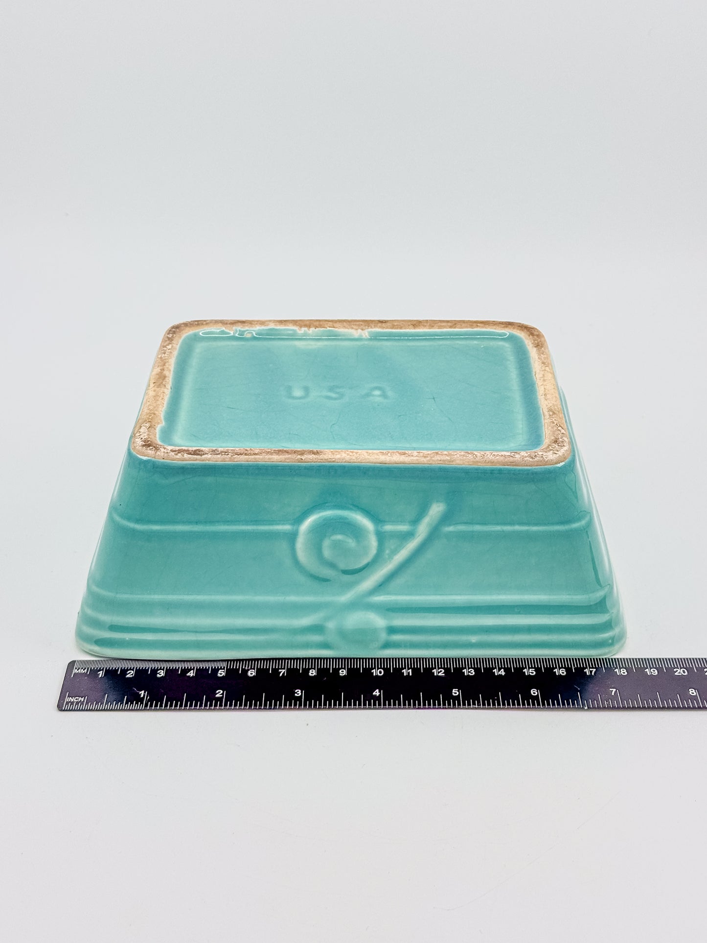 Vintage 1940s–50s Aqua Crackle Glaze Rectangular Ceramic Planter with Raised Scroll Design, Unmarked USA Art Pottery