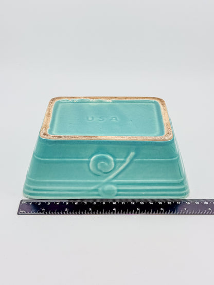Vintage 1940s–50s Aqua Crackle Glaze Rectangular Ceramic Planter with Raised Scroll Design, Unmarked USA Art Pottery