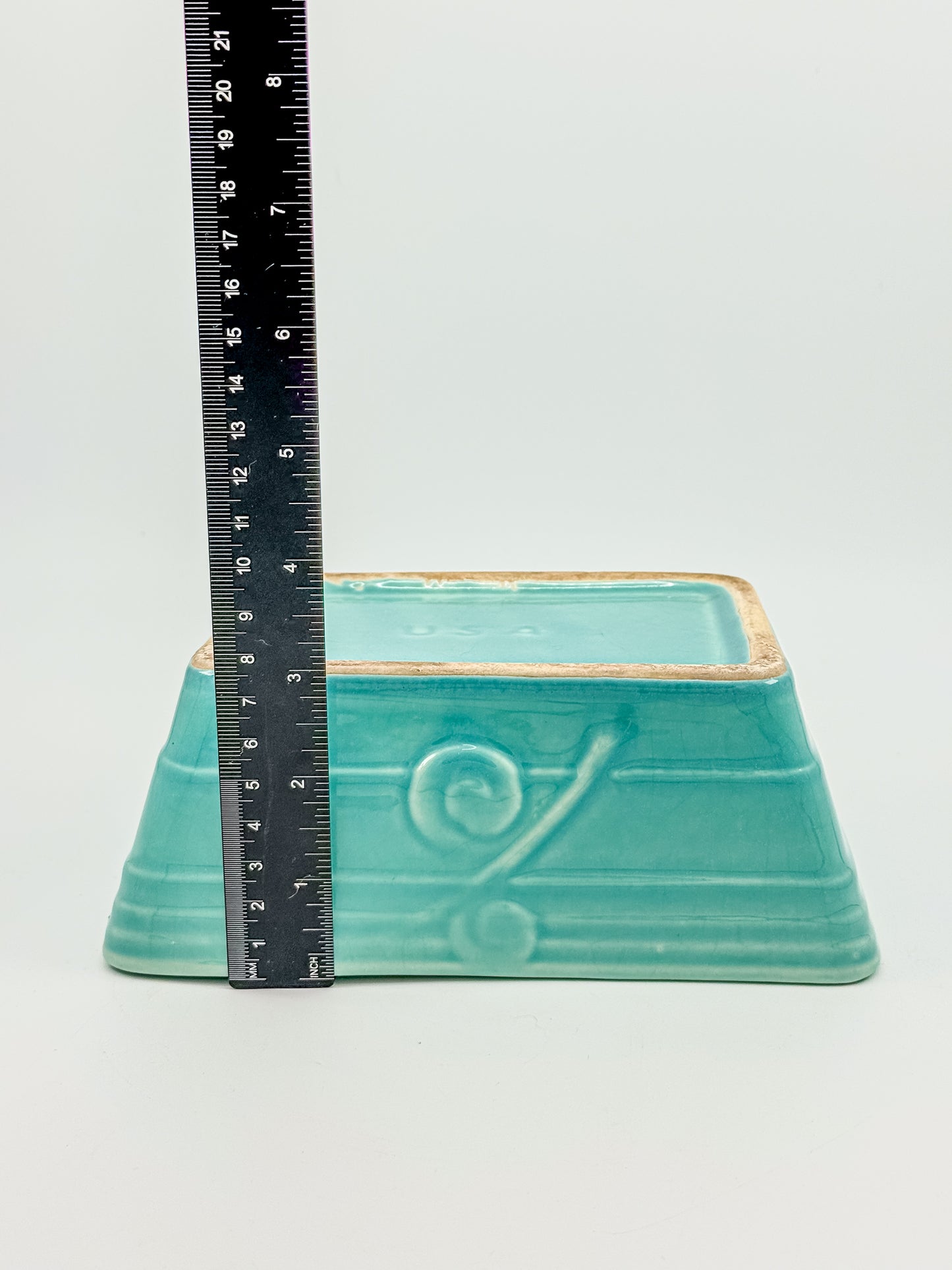 Vintage 1940s–50s Aqua Crackle Glaze Rectangular Ceramic Planter with Raised Scroll Design, Unmarked USA Art Pottery