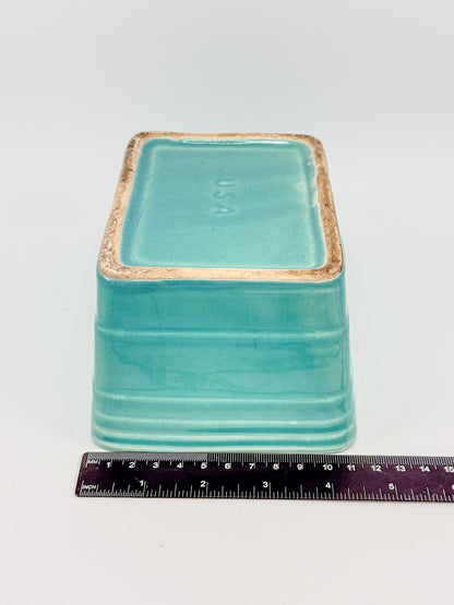 Vintage 1940s–50s Aqua Crackle Glaze Rectangular Ceramic Planter with Raised Scroll Design, Unmarked USA Art Pottery