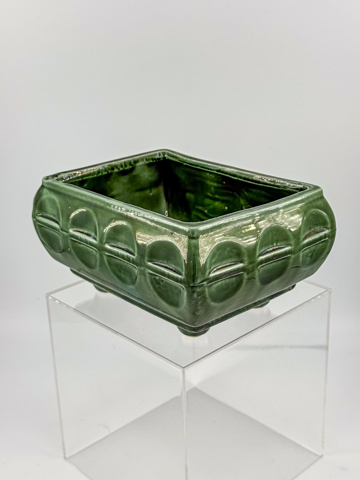Vintage Cookson Pottery No. 557 Forest Green Rectangular Window Box Planter with Inset Oval Design