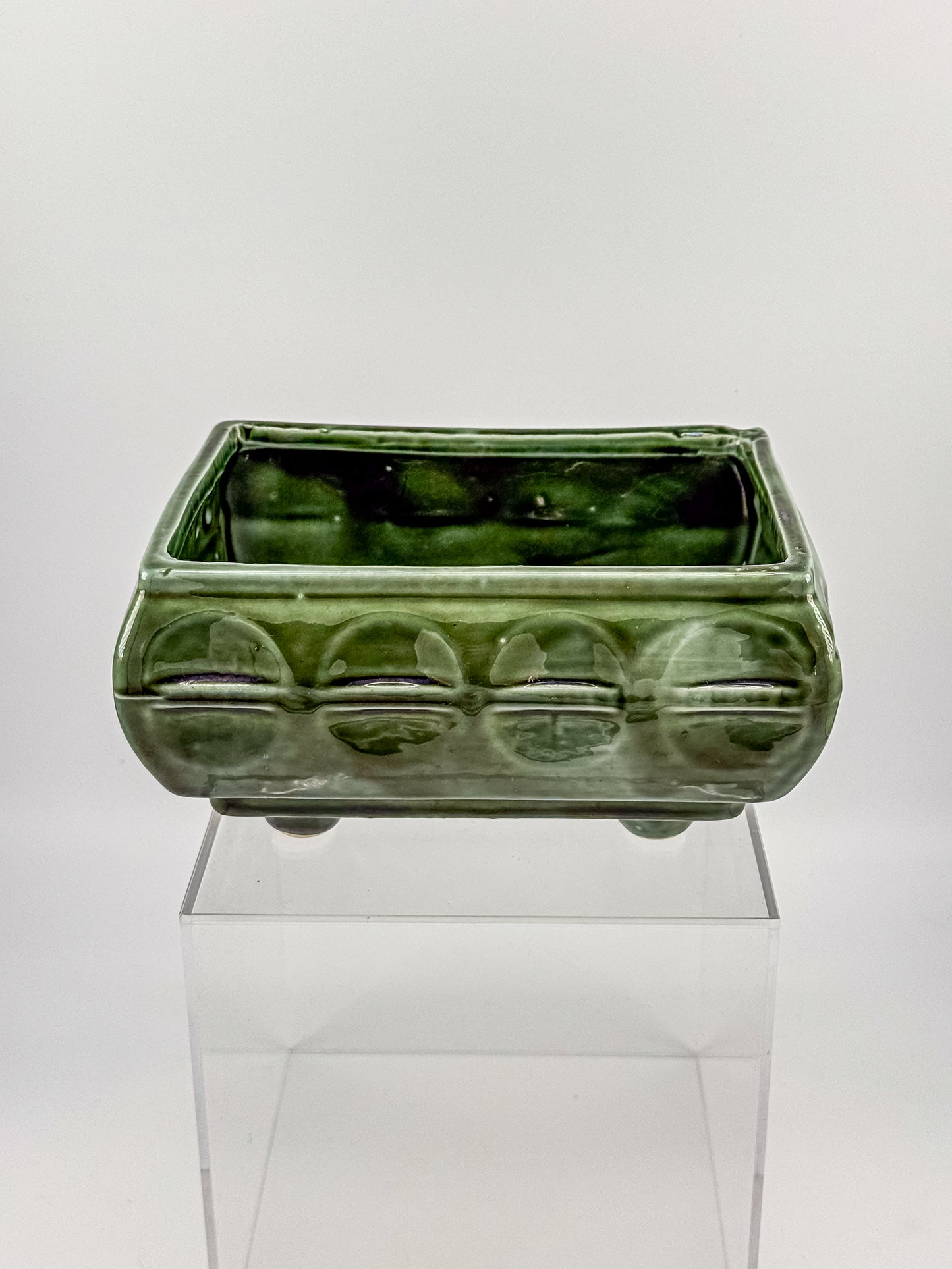 Vintage Cookson Pottery No. 557 Forest Green Rectangular Window Box Planter with Inset Oval Design