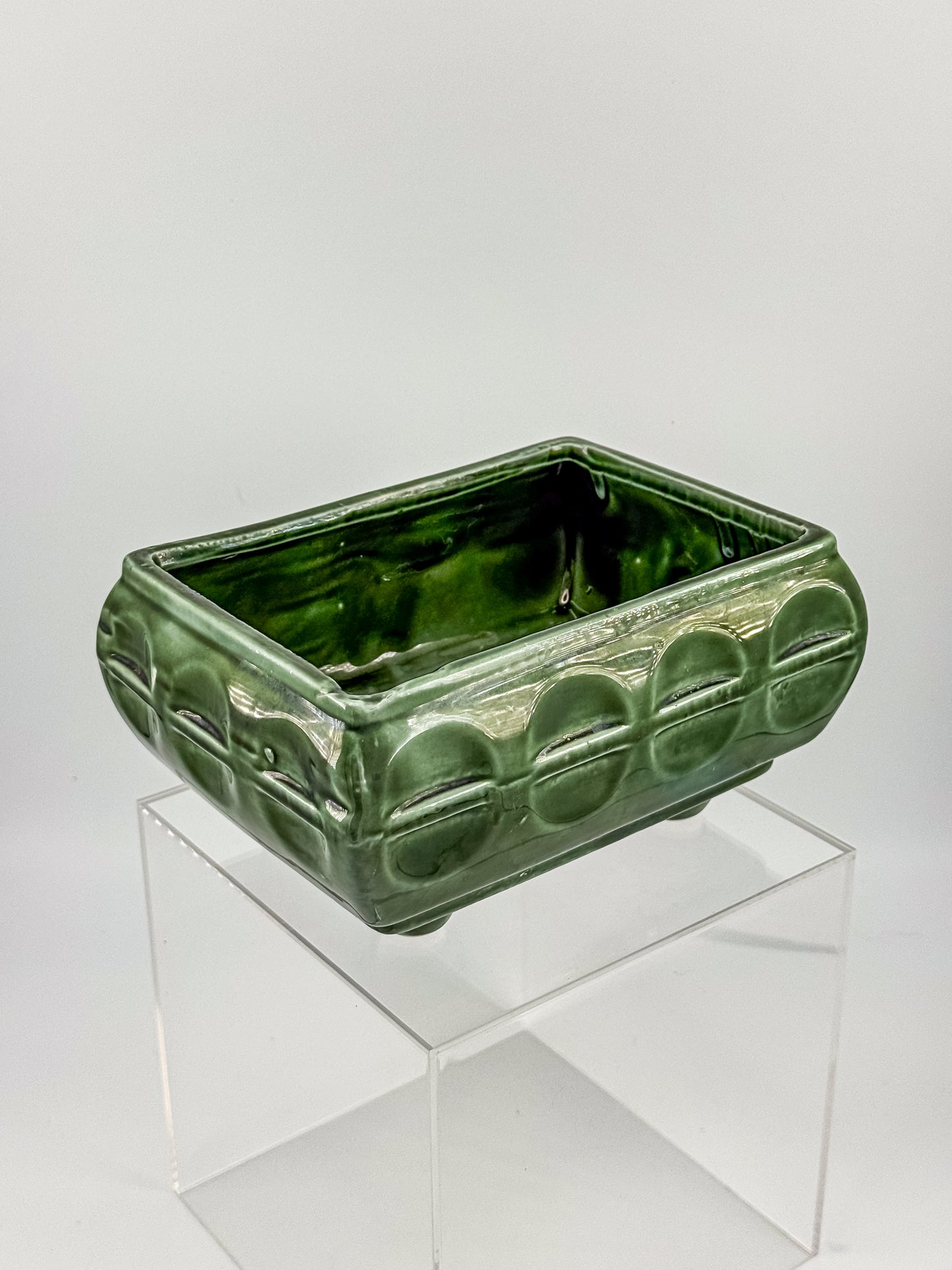 Vintage Cookson Pottery No. 557 Forest Green Rectangular Window Box Planter with Inset Oval Design