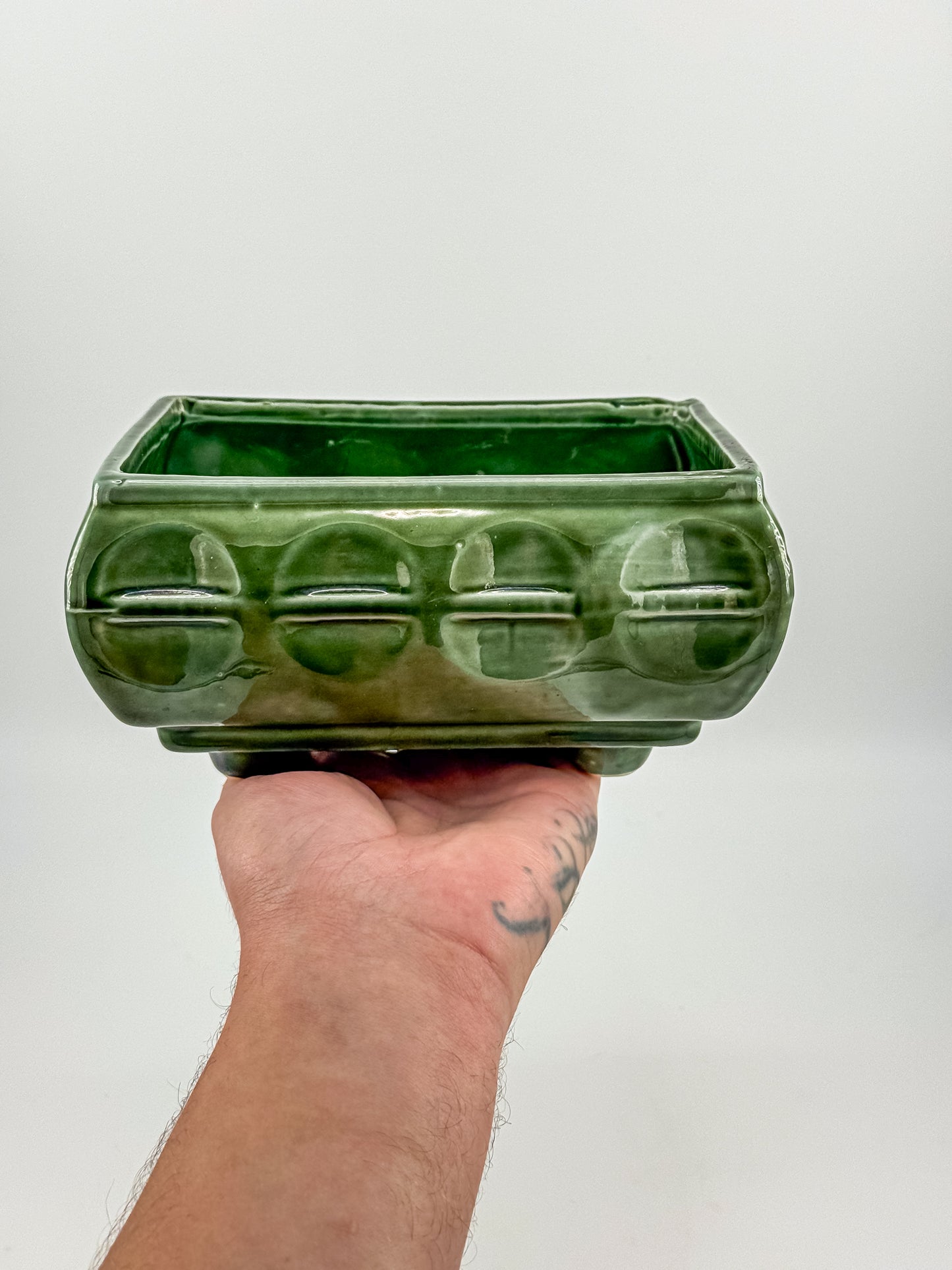 Vintage Cookson Pottery No. 557 Forest Green Rectangular Window Box Planter with Inset Oval Design