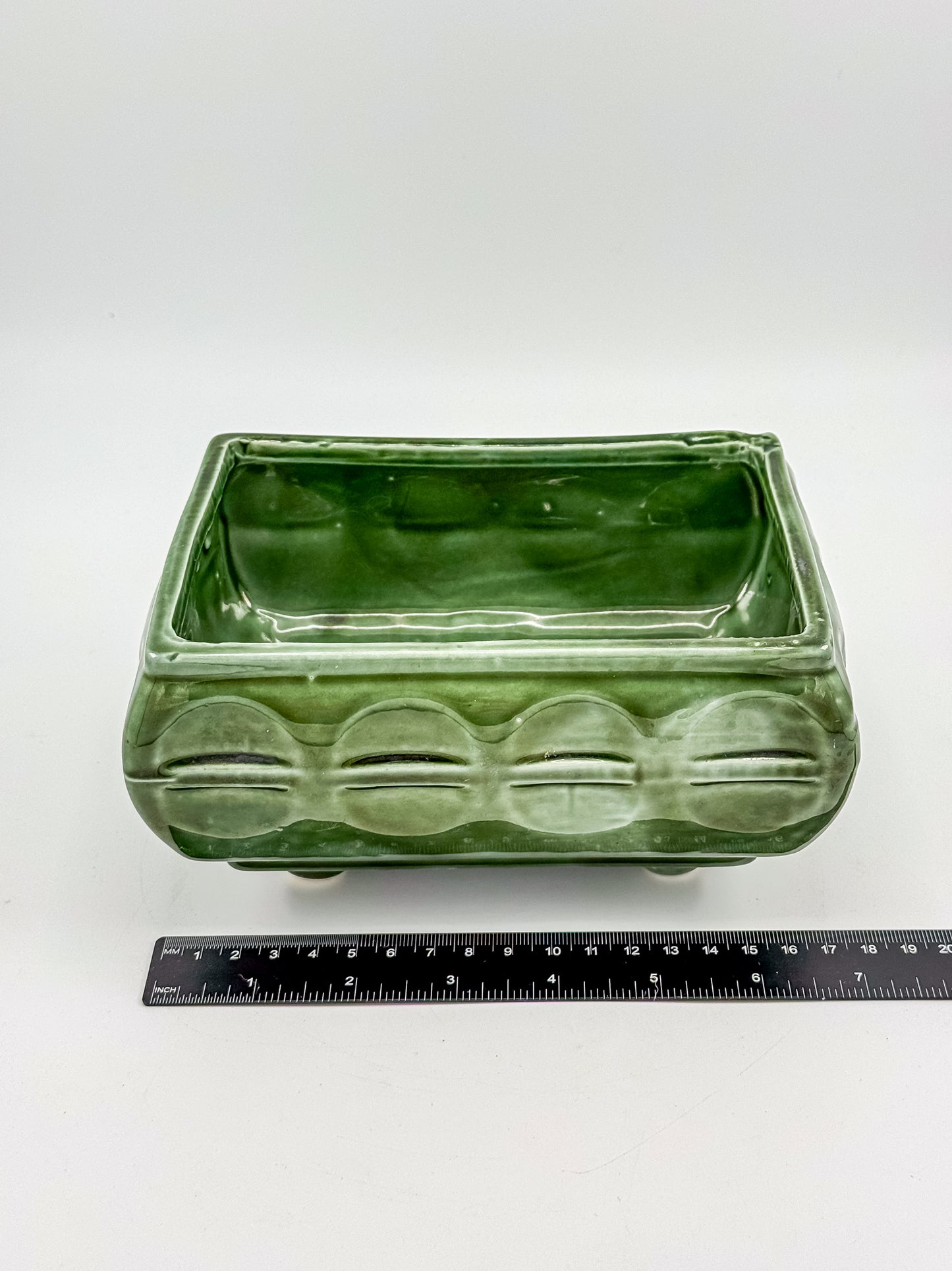 Vintage Cookson Pottery No. 557 Forest Green Rectangular Window Box Planter with Inset Oval Design