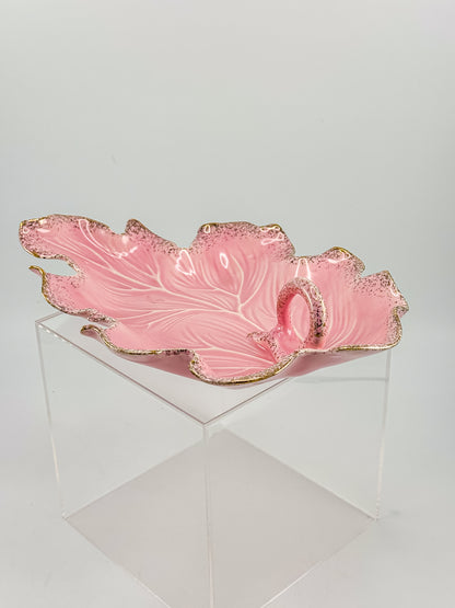 Vintage California Originals Pink Ceramic Maple Leaf Dish with Gold Speckle Edges and Loop Handle