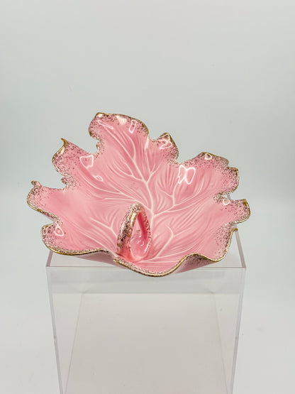 Vintage California Originals Pink Ceramic Maple Leaf Dish with Gold Speckle Edges and Loop Handle