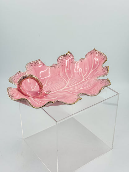 Vintage California Originals Pink Ceramic Maple Leaf Dish with Gold Speckle Edges and Loop Handle