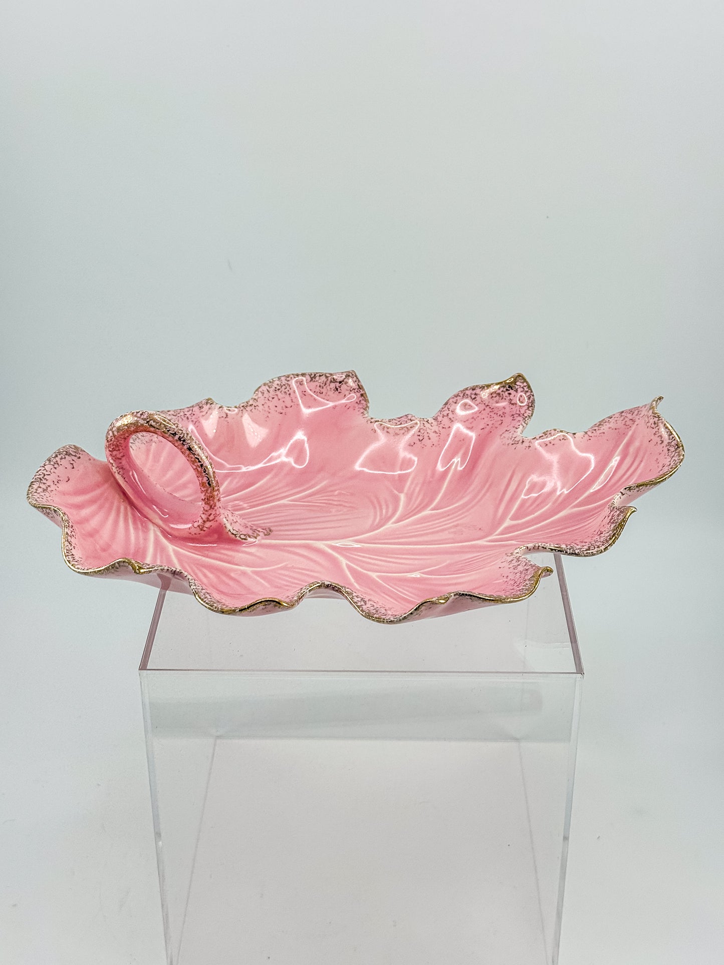 Vintage California Originals Pink Ceramic Maple Leaf Dish with Gold Speckle Edges and Loop Handle