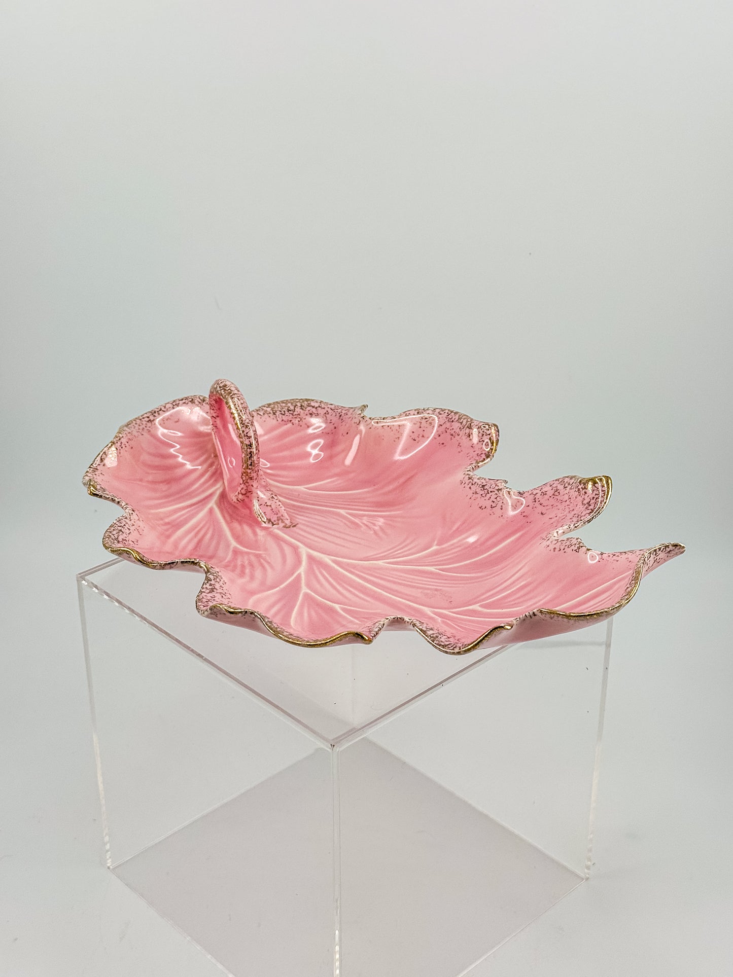 Vintage California Originals Pink Ceramic Maple Leaf Dish with Gold Speckle Edges and Loop Handle