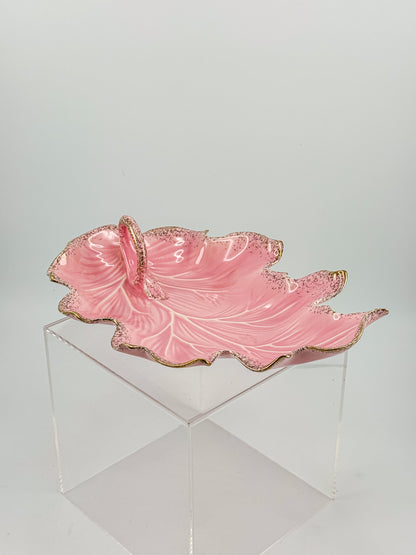 Vintage California Originals Pink Ceramic Maple Leaf Dish with Gold Speckle Edges and Loop Handle