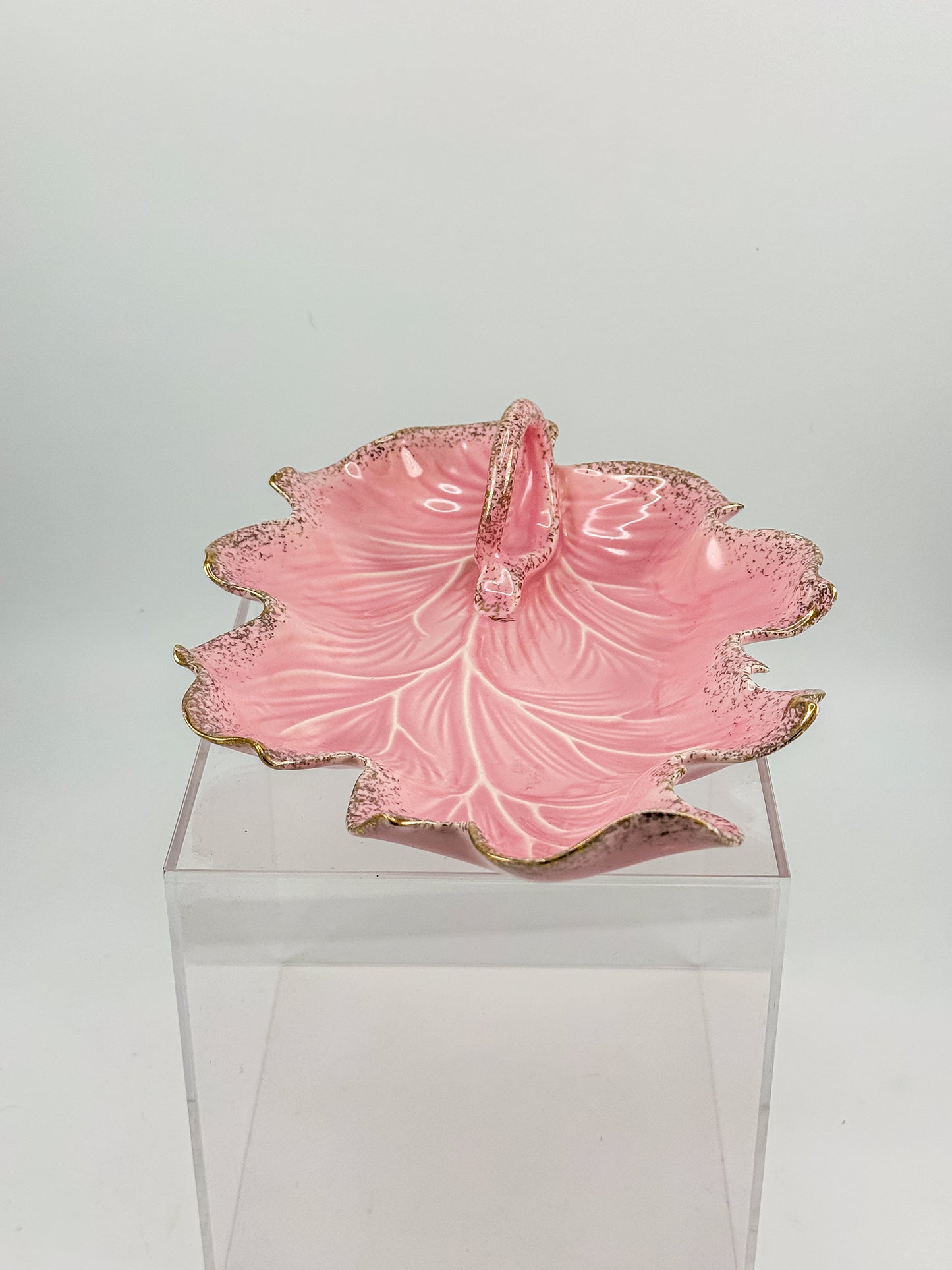 Vintage California Originals Pink Ceramic Maple Leaf Dish with Gold Speckle Edges and Loop Handle