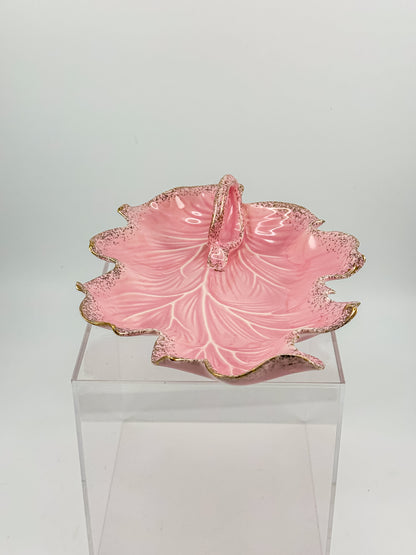 Vintage California Originals Pink Ceramic Maple Leaf Dish with Gold Speckle Edges and Loop Handle