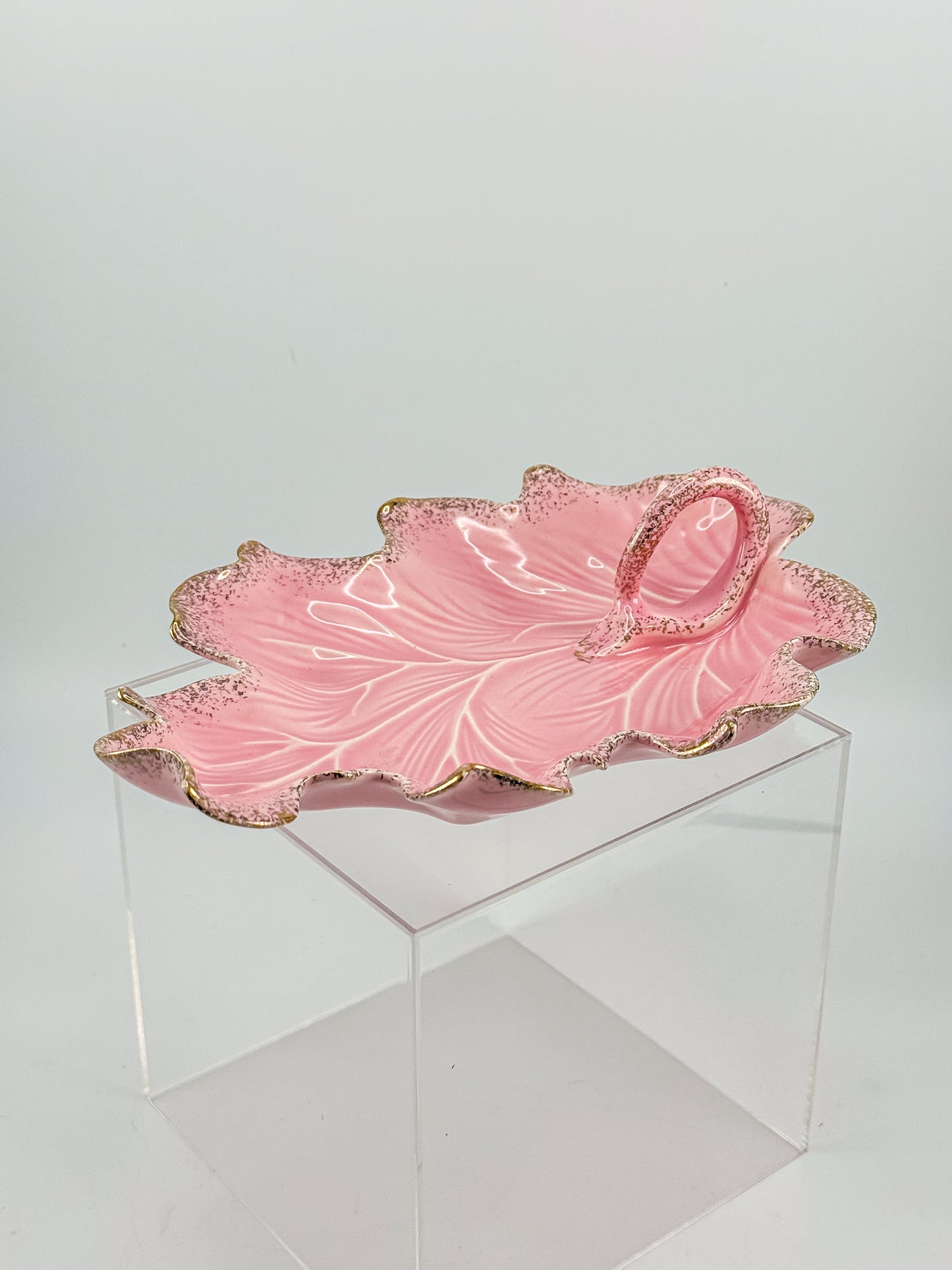 Vintage California Originals Pink Ceramic Maple Leaf Dish with Gold Speckle Edges and Loop Handle