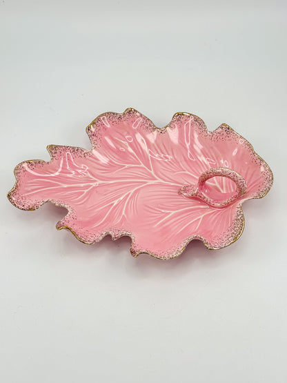 Vintage California Originals Pink Ceramic Maple Leaf Dish with Gold Speckle Edges and Loop Handle
