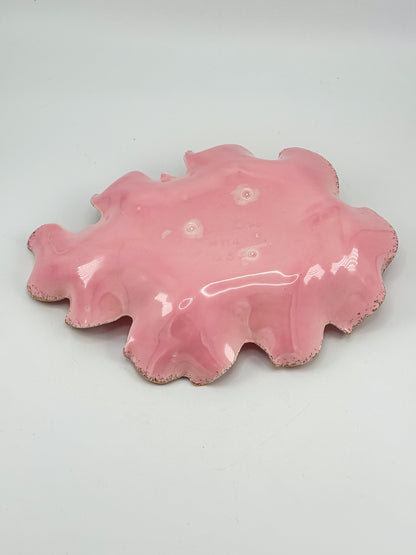Vintage California Originals Pink Ceramic Maple Leaf Dish with Gold Speckle Edges and Loop Handle