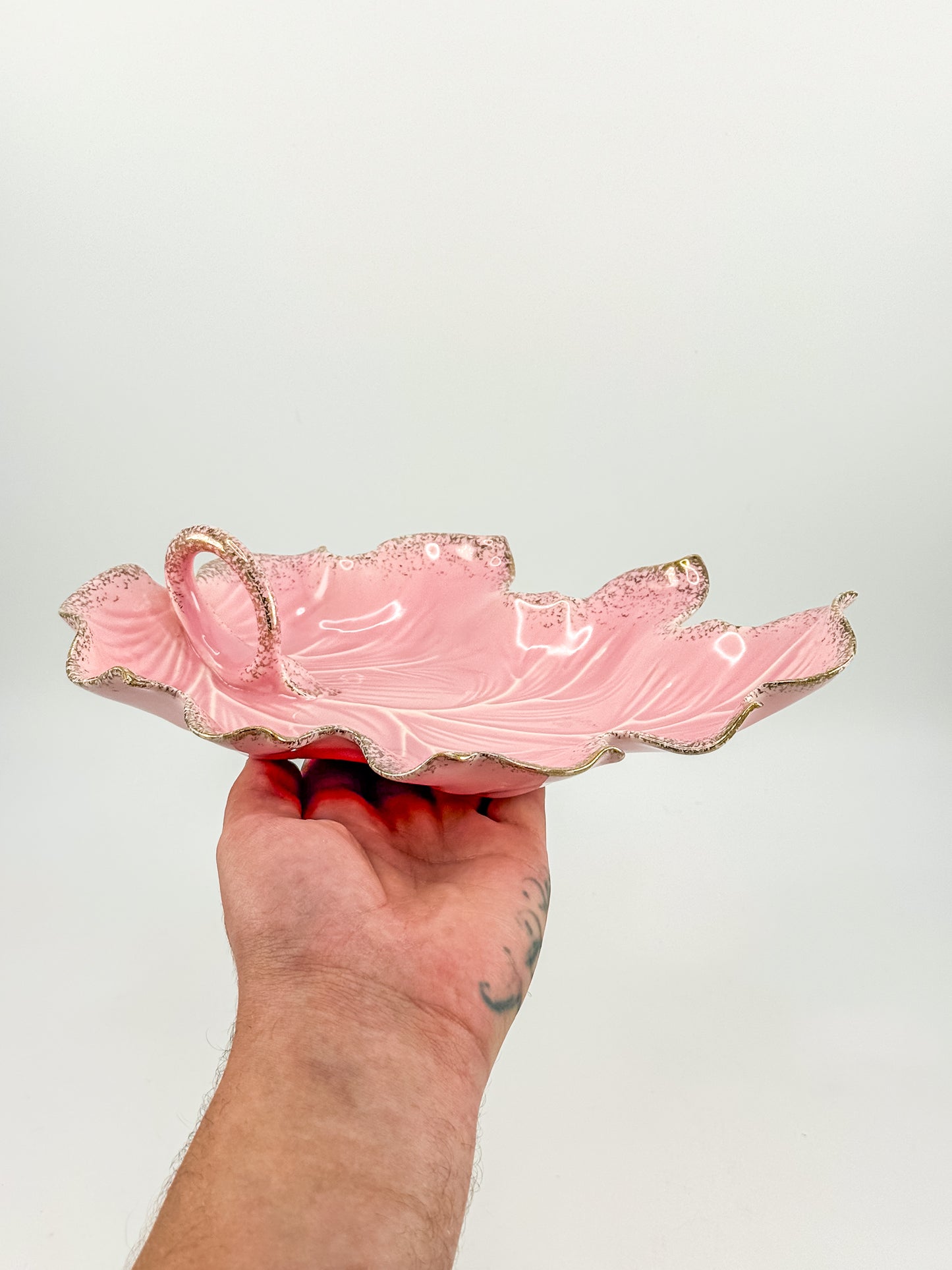 Vintage California Originals Pink Ceramic Maple Leaf Dish with Gold Speckle Edges and Loop Handle