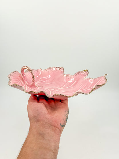 Vintage California Originals Pink Ceramic Maple Leaf Dish with Gold Speckle Edges and Loop Handle