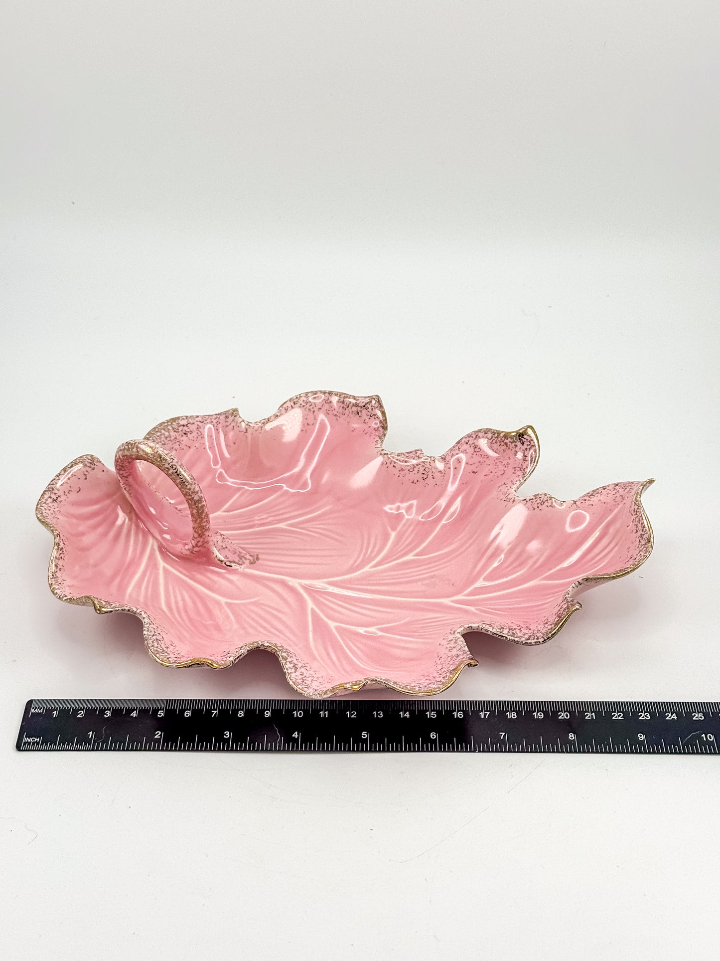Vintage California Originals Pink Ceramic Maple Leaf Dish with Gold Speckle Edges and Loop Handle