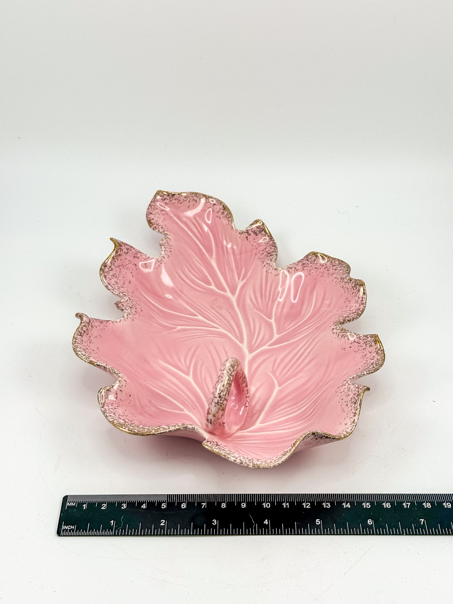 Vintage California Originals Pink Ceramic Maple Leaf Dish with Gold Speckle Edges and Loop Handle
