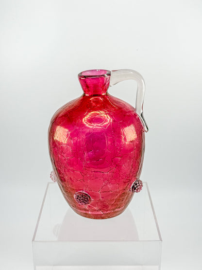 Vintage Blenko Glass Cranberry Crackle Pitcher with Raspberry Prunts, MCM Art Glass Jug