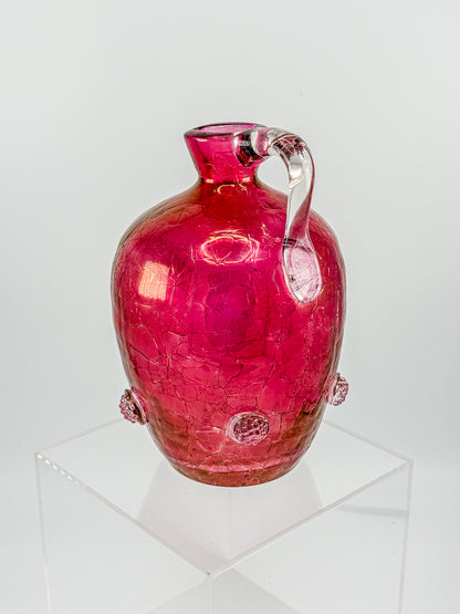 Vintage Blenko Glass Cranberry Crackle Pitcher with Raspberry Prunts, MCM Art Glass Jug
