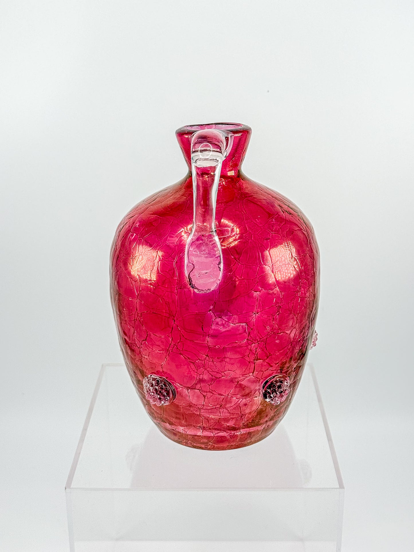 Vintage Blenko Glass Cranberry Crackle Pitcher with Raspberry Prunts, MCM Art Glass Jug
