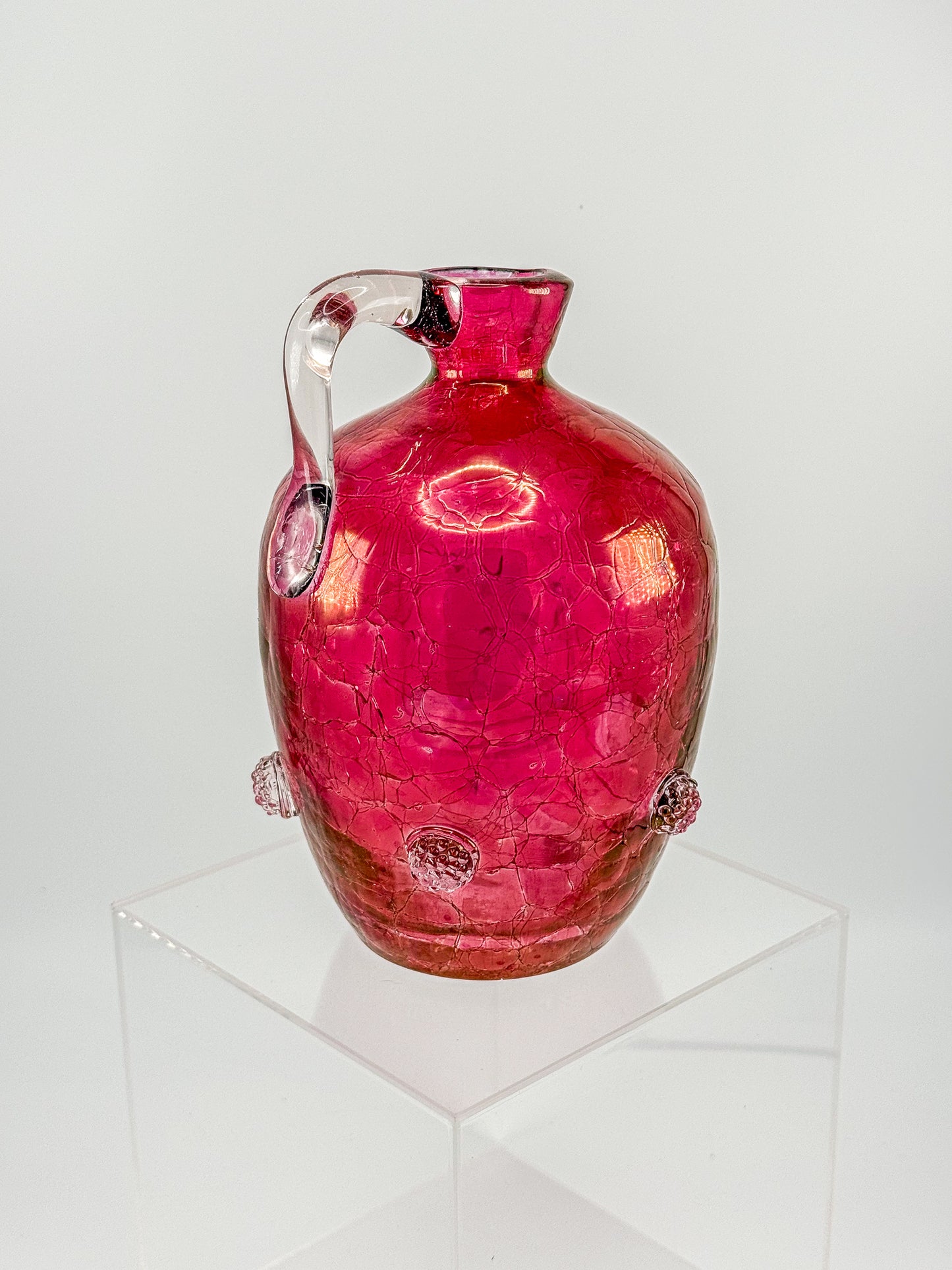Vintage Blenko Glass Cranberry Crackle Pitcher with Raspberry Prunts, MCM Art Glass Jug