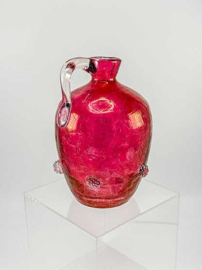 Vintage Blenko Glass Cranberry Crackle Pitcher with Raspberry Prunts, MCM Art Glass Jug