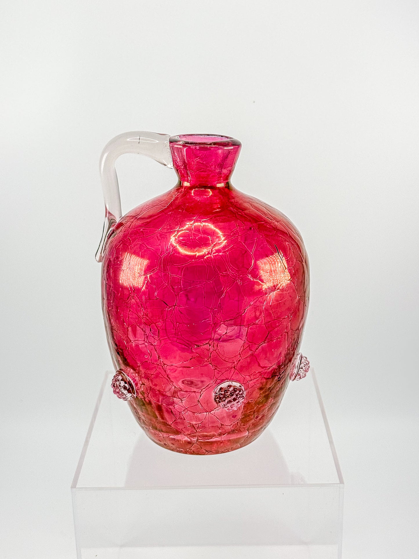 Vintage Blenko Glass Cranberry Crackle Pitcher with Raspberry Prunts, MCM Art Glass Jug