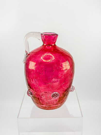 Vintage Blenko Glass Cranberry Crackle Pitcher with Raspberry Prunts, MCM Art Glass Jug
