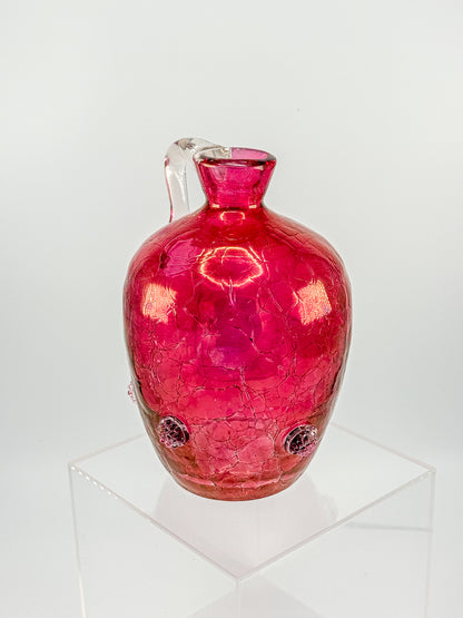 Vintage Blenko Glass Cranberry Crackle Pitcher with Raspberry Prunts, MCM Art Glass Jug