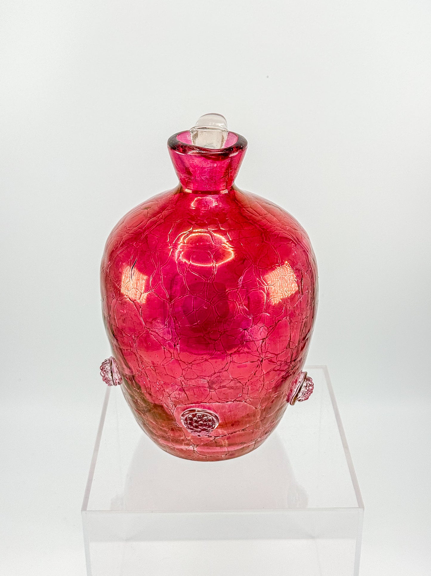 Vintage Blenko Glass Cranberry Crackle Pitcher with Raspberry Prunts, MCM Art Glass Jug