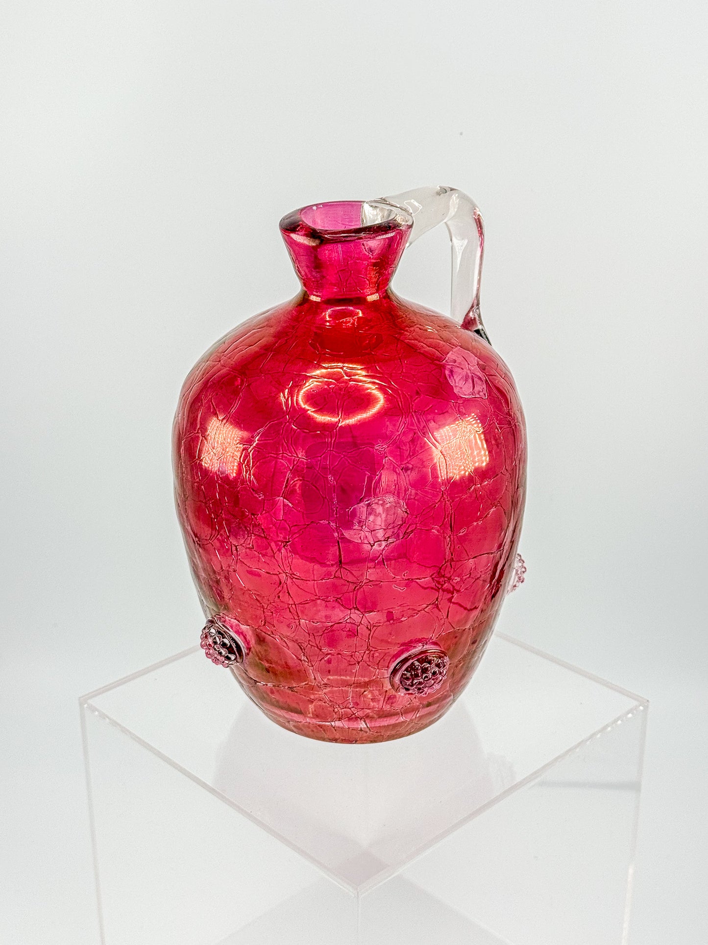 Vintage Blenko Glass Cranberry Crackle Pitcher with Raspberry Prunts, MCM Art Glass Jug