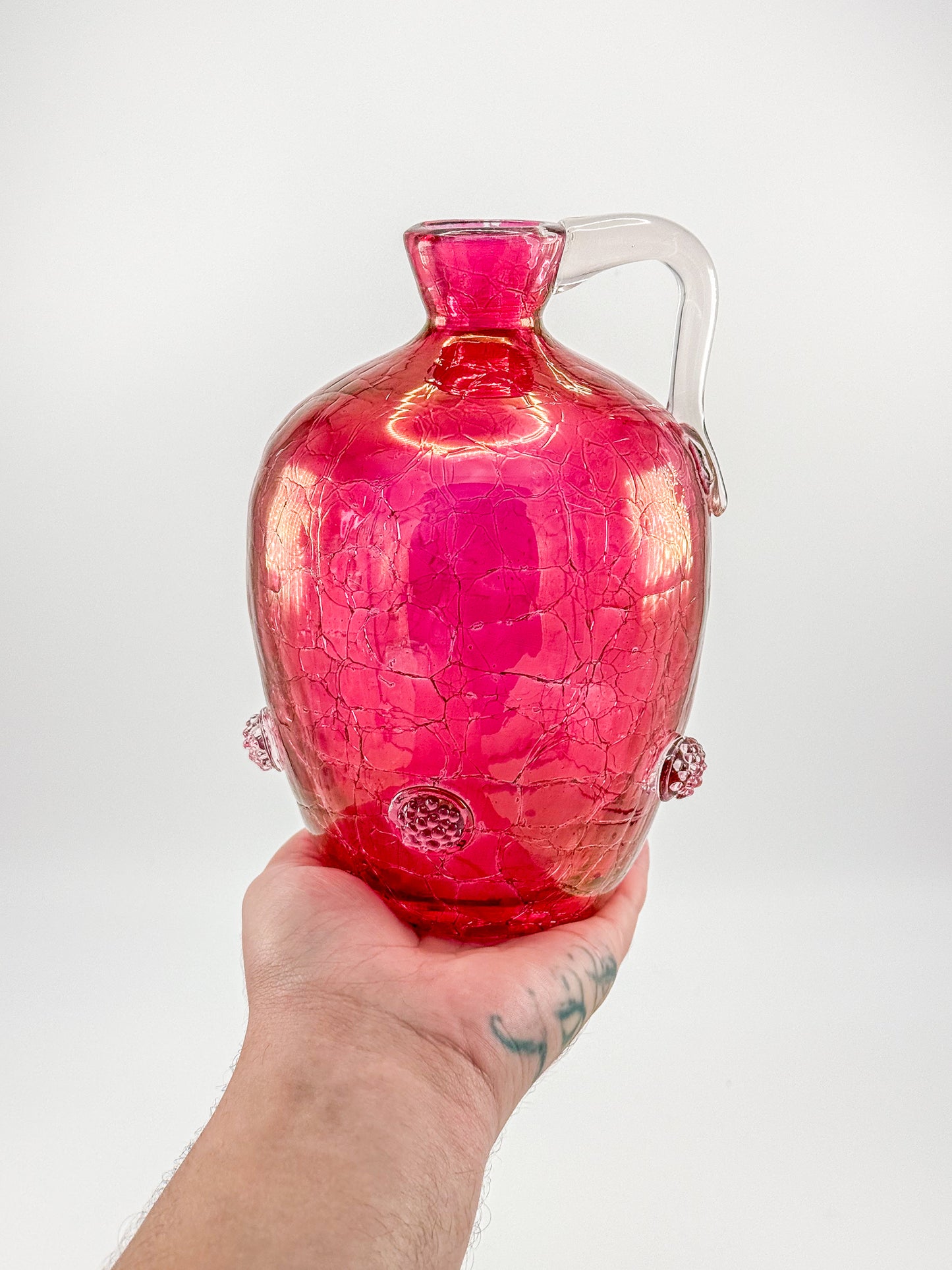 Vintage Blenko Glass Cranberry Crackle Pitcher with Raspberry Prunts, MCM Art Glass Jug